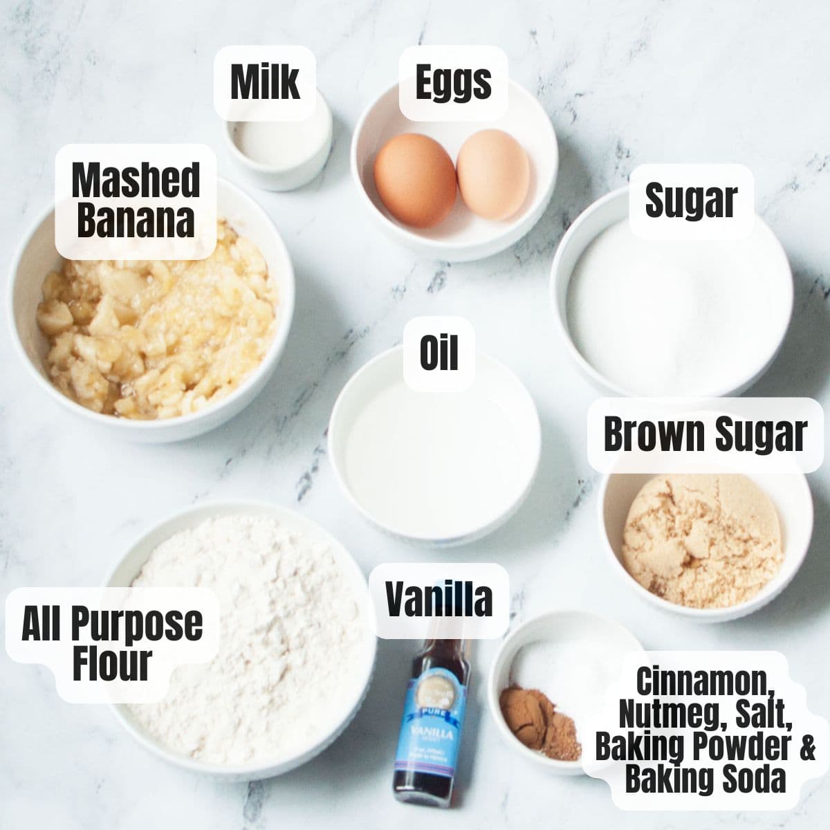 The ingredients needed to make cast iron skillet banana bread.