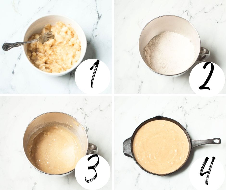 A step by step guide showing how to make cast iron skillet banana bread.