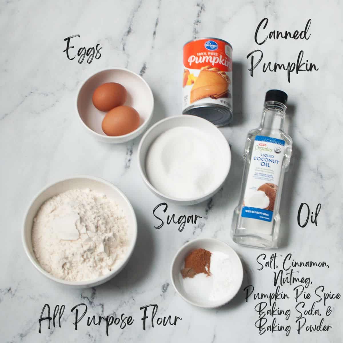 The ingredients needed to make cast iron skillet pumpkin bread.
