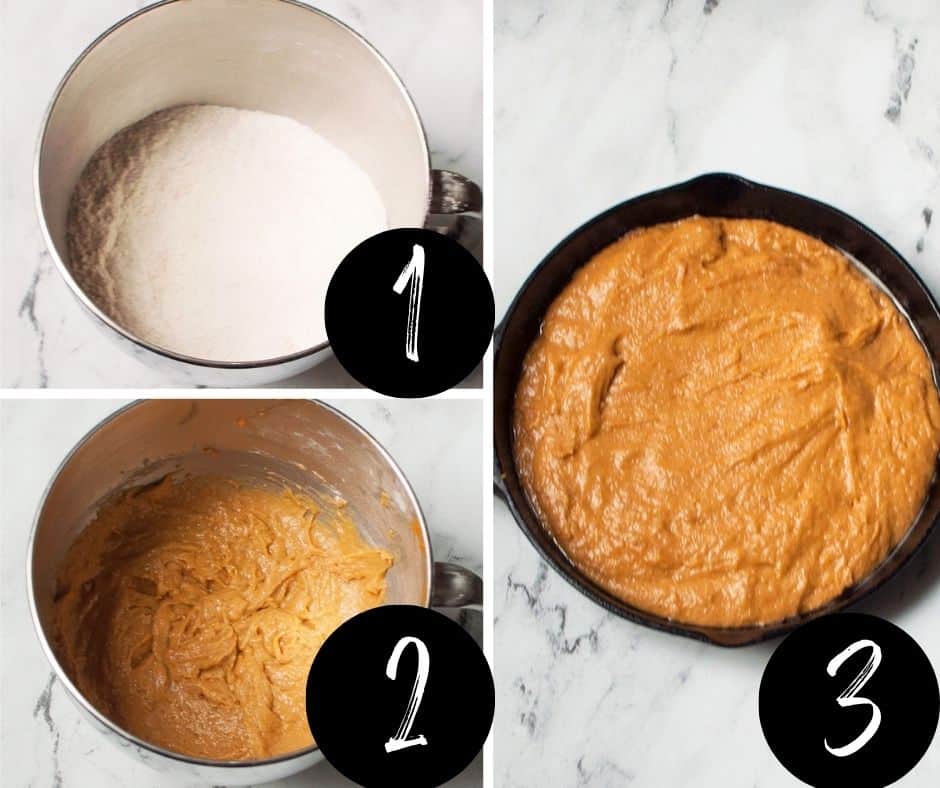 A collage of three images showing each step of how to make cast iron skillet pumpkin bread.