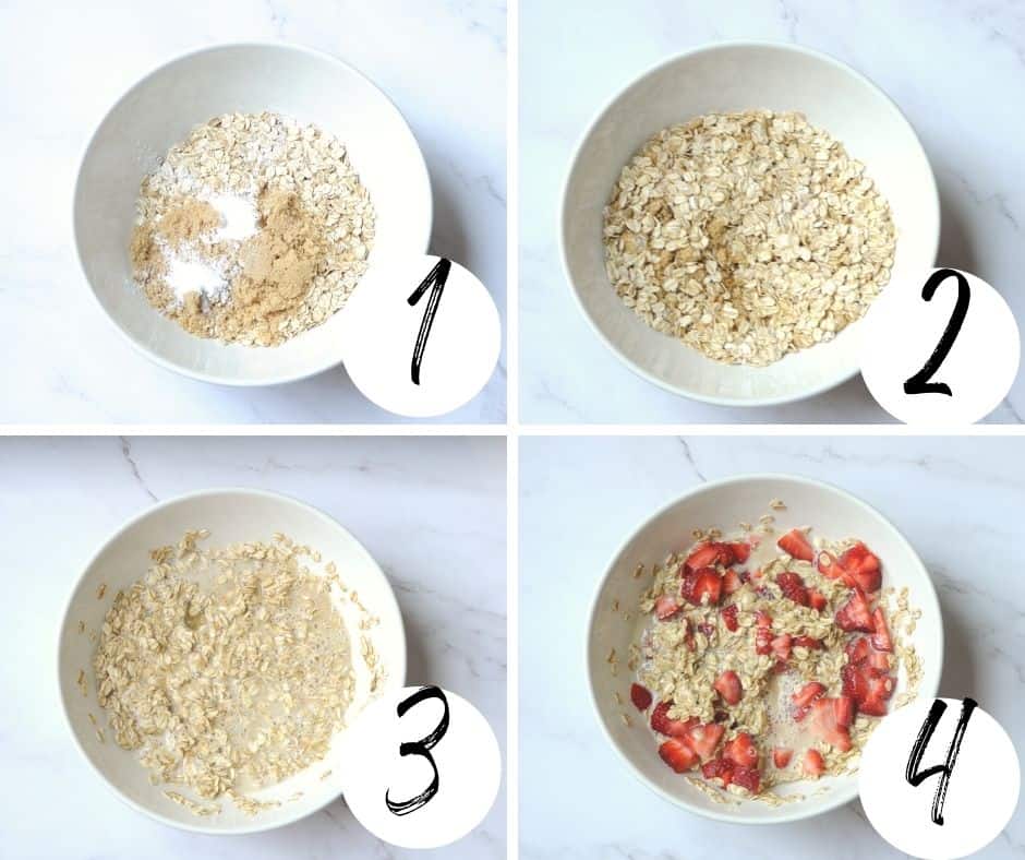 A collage with four steps which is a step by step guide on how to make strawberries and cream baked oatmeal.