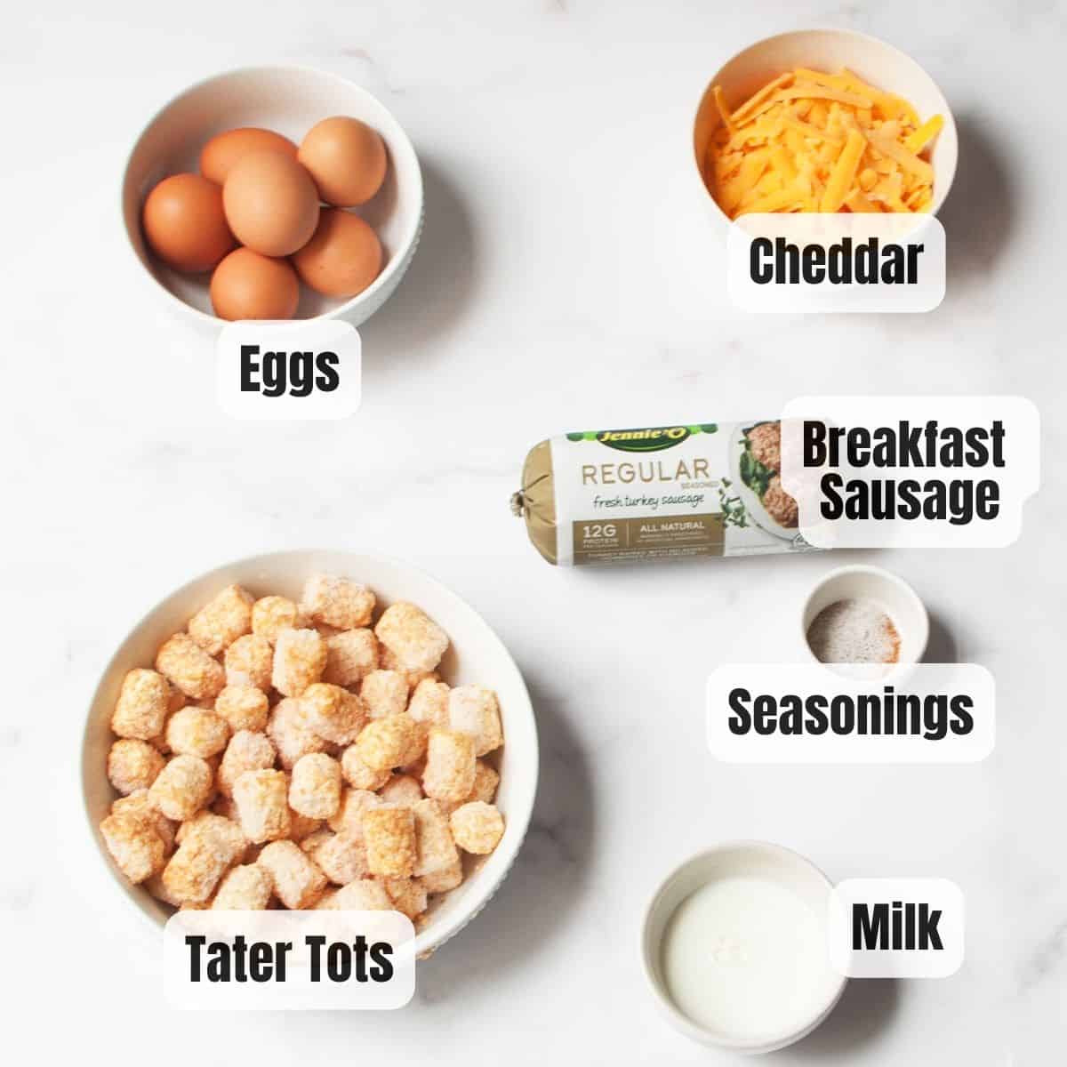 The ingredients needed to make a tater tot breakfast casserole.