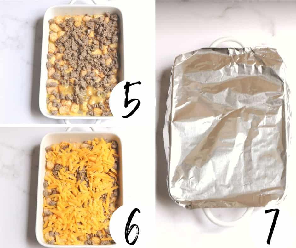 Steps 5 through 7 on how to make a tater tot breakfast bake.