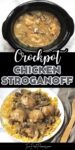 Text that says crockpot chicken stroganoff above is a photo of a chicken stroganoff in a crockpot and below chicken stroganoff on a white plate.