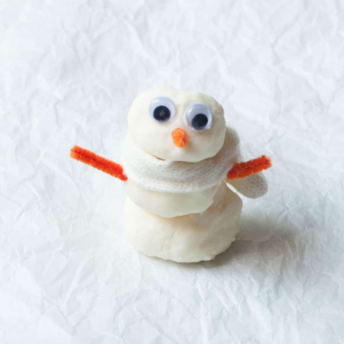 a snow dough snow man (he has googly eyes, a tiny scarf, and pipe cleaners for a nose and arms). 