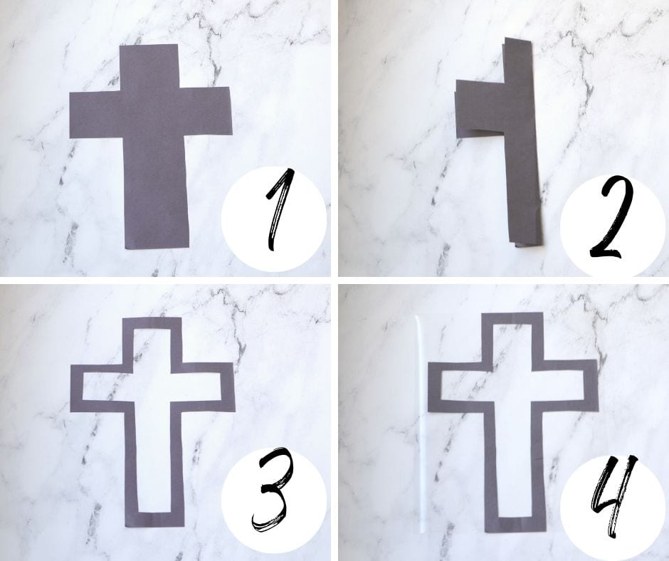 Steps 1 through 4 on how to make a Tissue Paper Cross Craft.