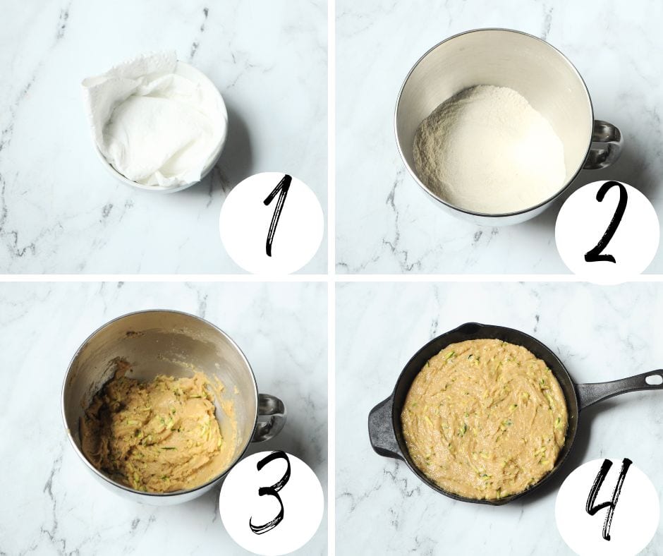 A collage with four images showing each step of how to make cast iron skillet zucchini bread.
