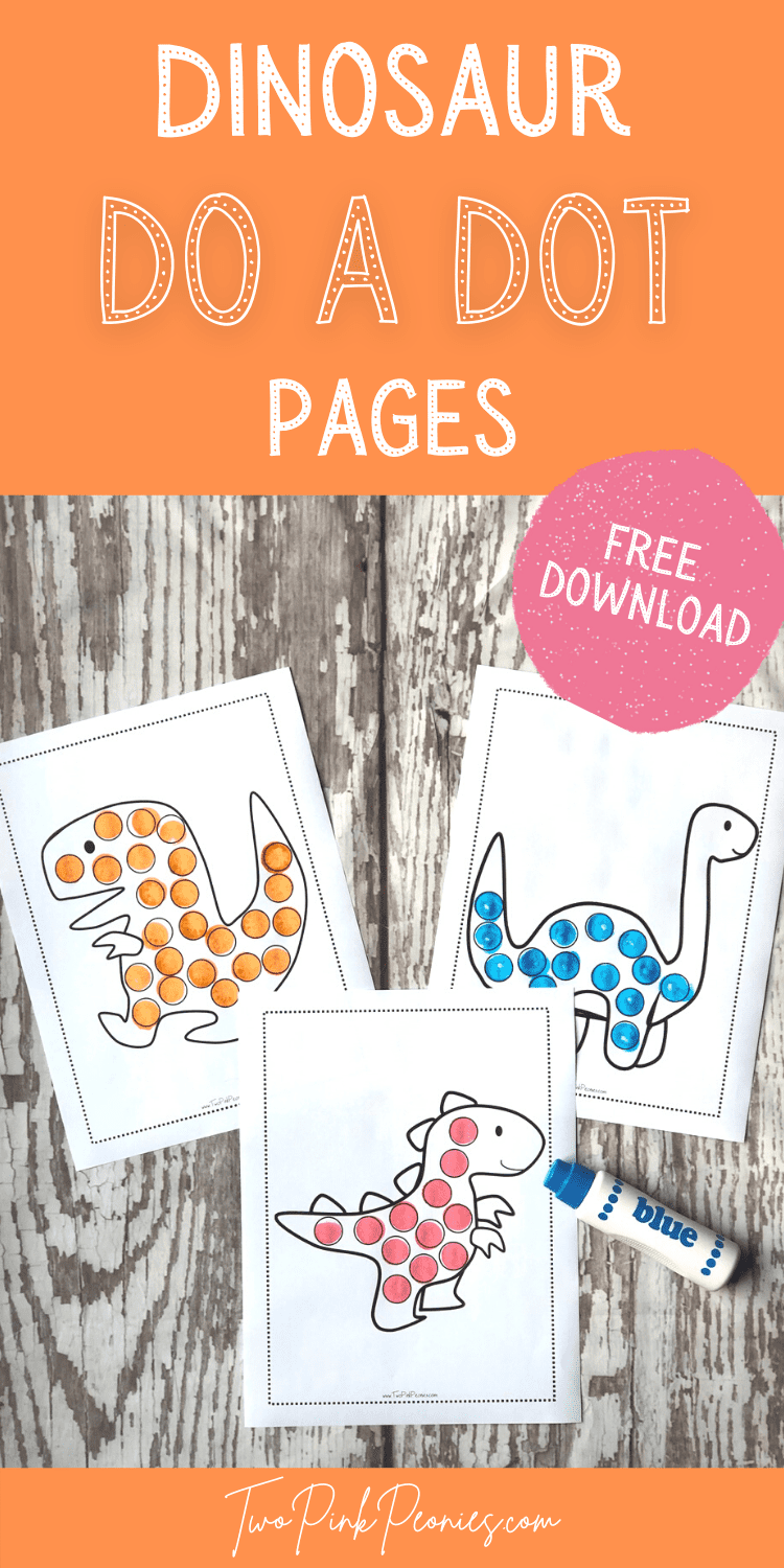 Image with text that says, "Dinosaur do a dot pages free download with an image of three dinosaur dot marker pages below it