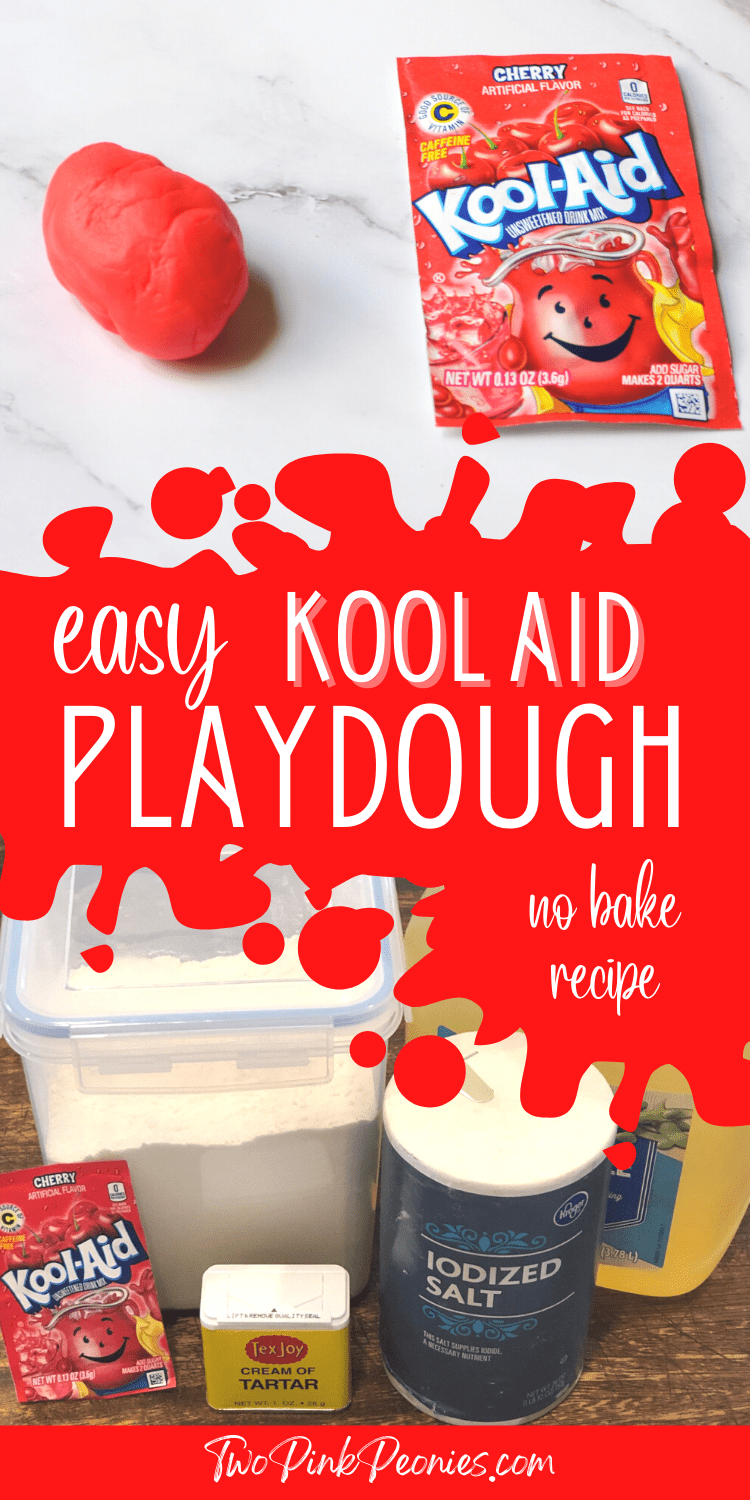 image with text saying easy baking plasticine recipe kool aid with a picture of the plasticine on top and the necessary ingredients at the bottom