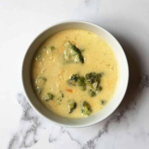 Copycat Subway Broccoli and Cheese Soup in a white bowl