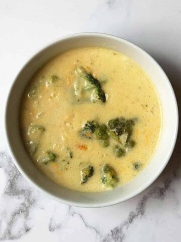 Copycat Subway Broccoli and Cheese Soup in a white bowl