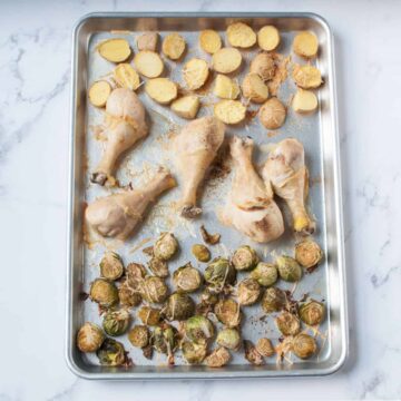 Sheet Pan Chicken Drumsticks and Potatoes with brussels sprouts