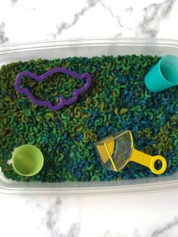 dyed macaroni noodles in a sensory bin with two cups, a measuring cup and a dinosaur cookie cutter