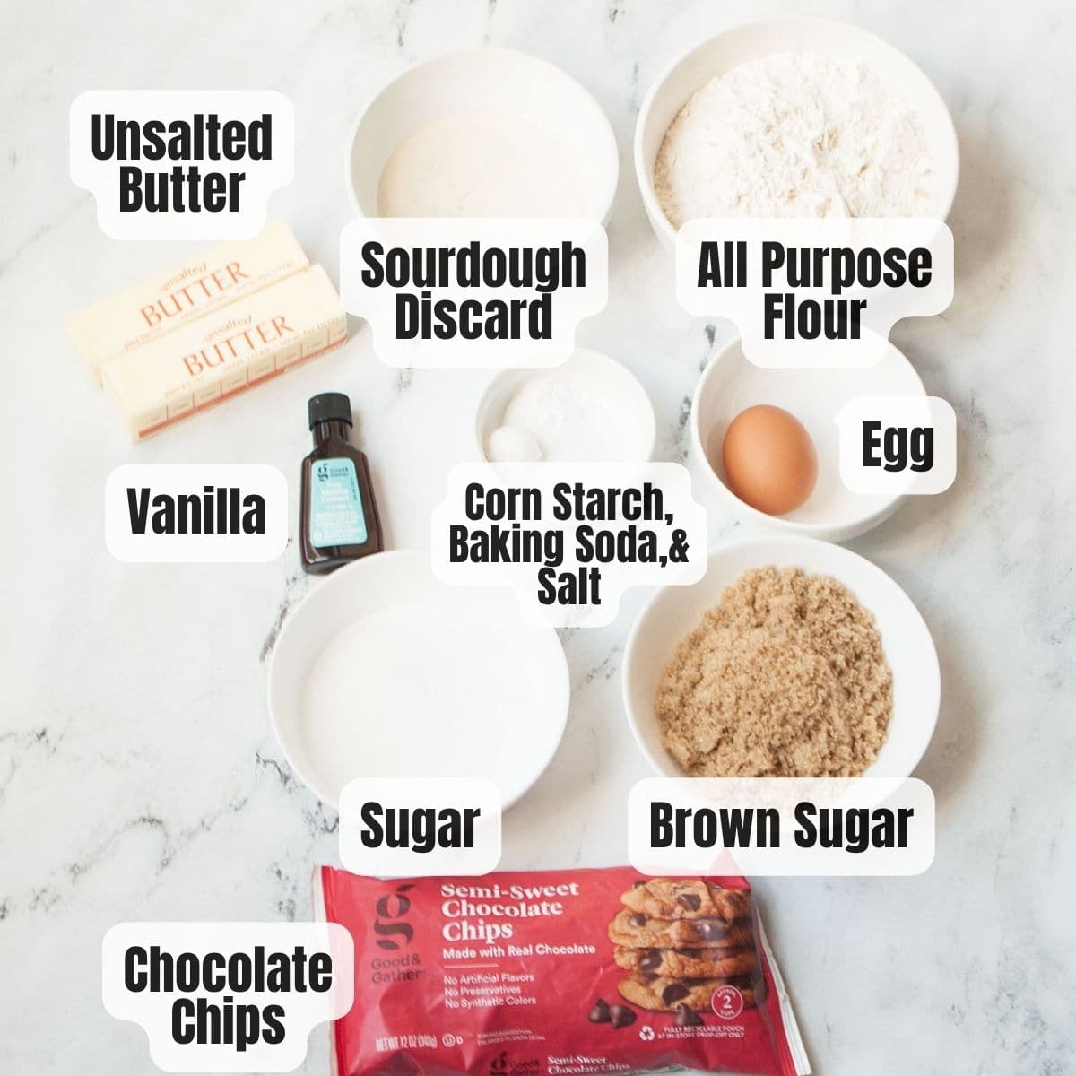 The ingredients needed to make sourdough chocolate chip cookies.