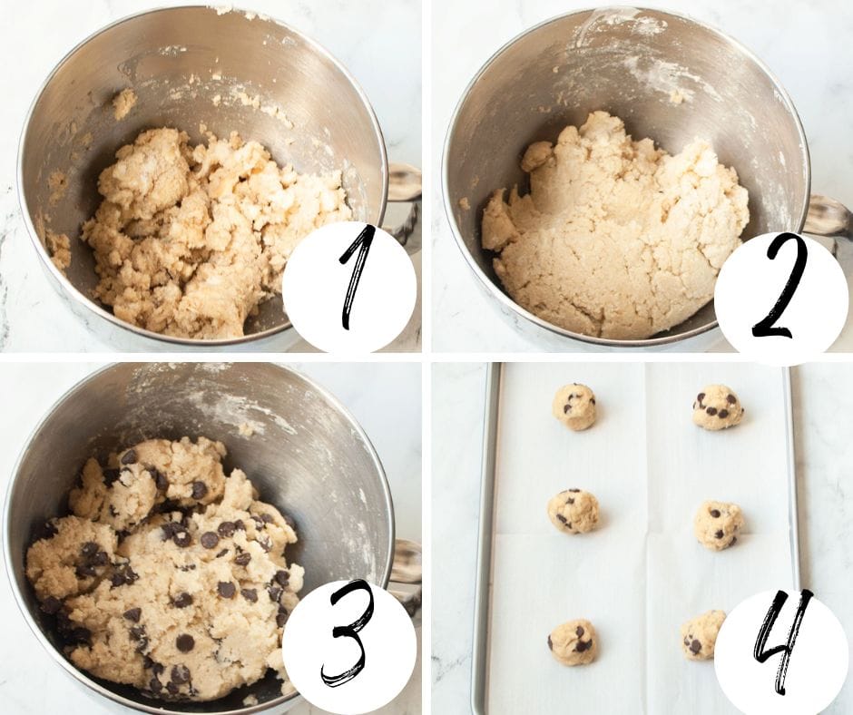 A collage with four images (labeled with the corresponding number) showing how to make sourdough chocolate chip cookies.