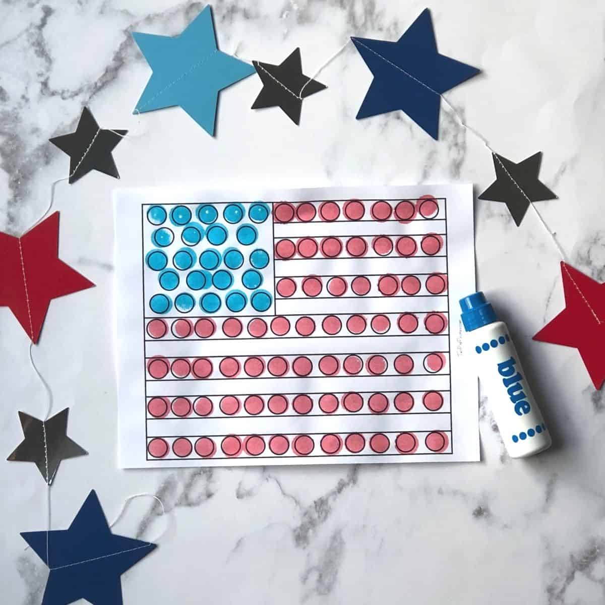 American Flag Dot Marker Printable surrounded by stars