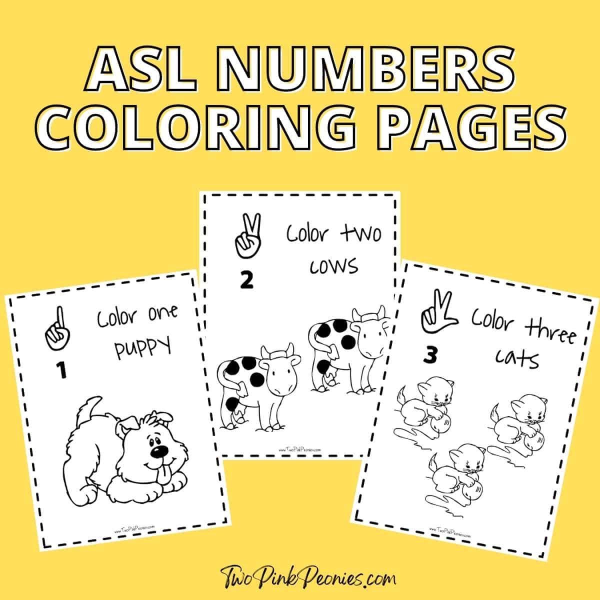 text that says ASL numbers coloring pages below the text are mock ups of the 1, 2, and 3 coloring pages