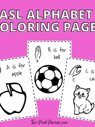 image with text that says ASL alphabet coloring pages with an image of A, B, and C coloring pages