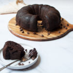 chocolate cake mix banana bread on a wooden plate