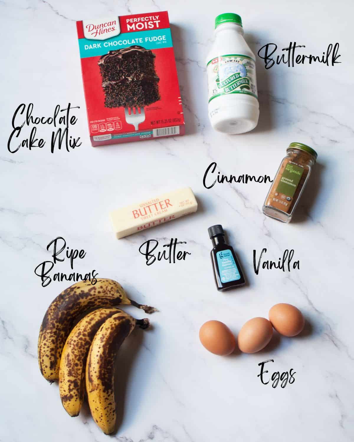 Ingredients needed to make chocolate cake mix banana bread. 