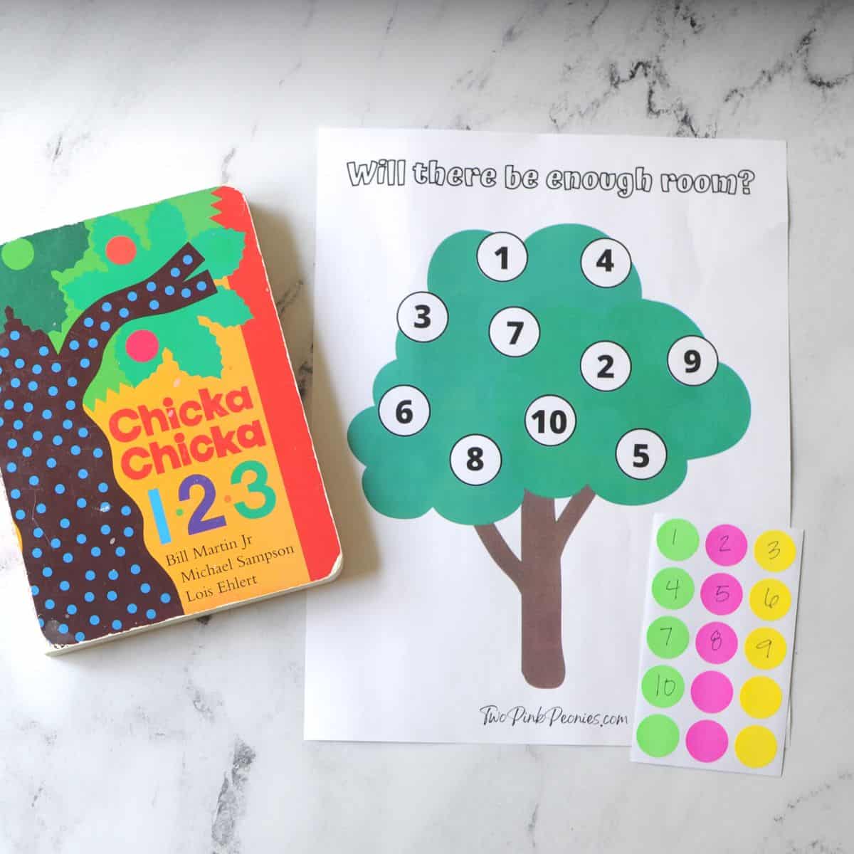 an image with the book Chicka Chicka  1 - 2 - 3, a printable (a tree with numbers on it) and dot stickers