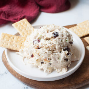 Copycat Chicken Salad Chick Cranberry Kelli in a white dish with crackers