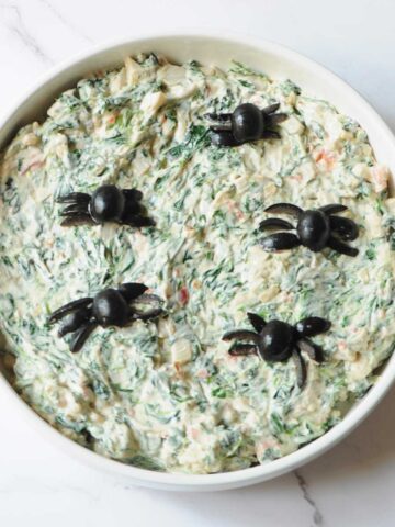 halloween spinach dip with olive spiders