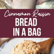 image with text that says cinnamon raisin bread in a bag on top is an image of a child's hands and on the bottom is the loaf of bread