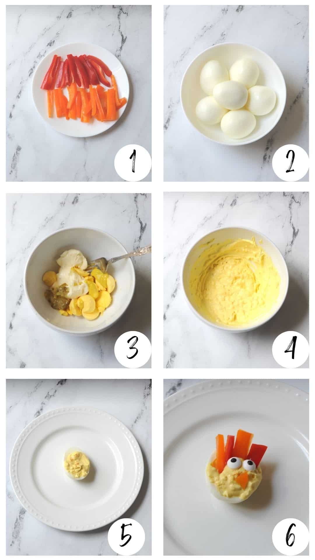 step by step guide on how to make Thanksgiving deviled eggs (it is a collage with 6 steps)