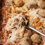 spaghetti squash casserole with meatballs close up
