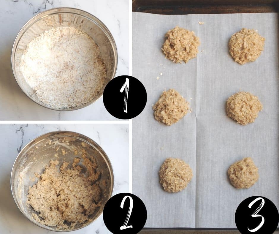 How to make banana oatmeal coconut cookies (step by step guide). There is a collage of three steps.