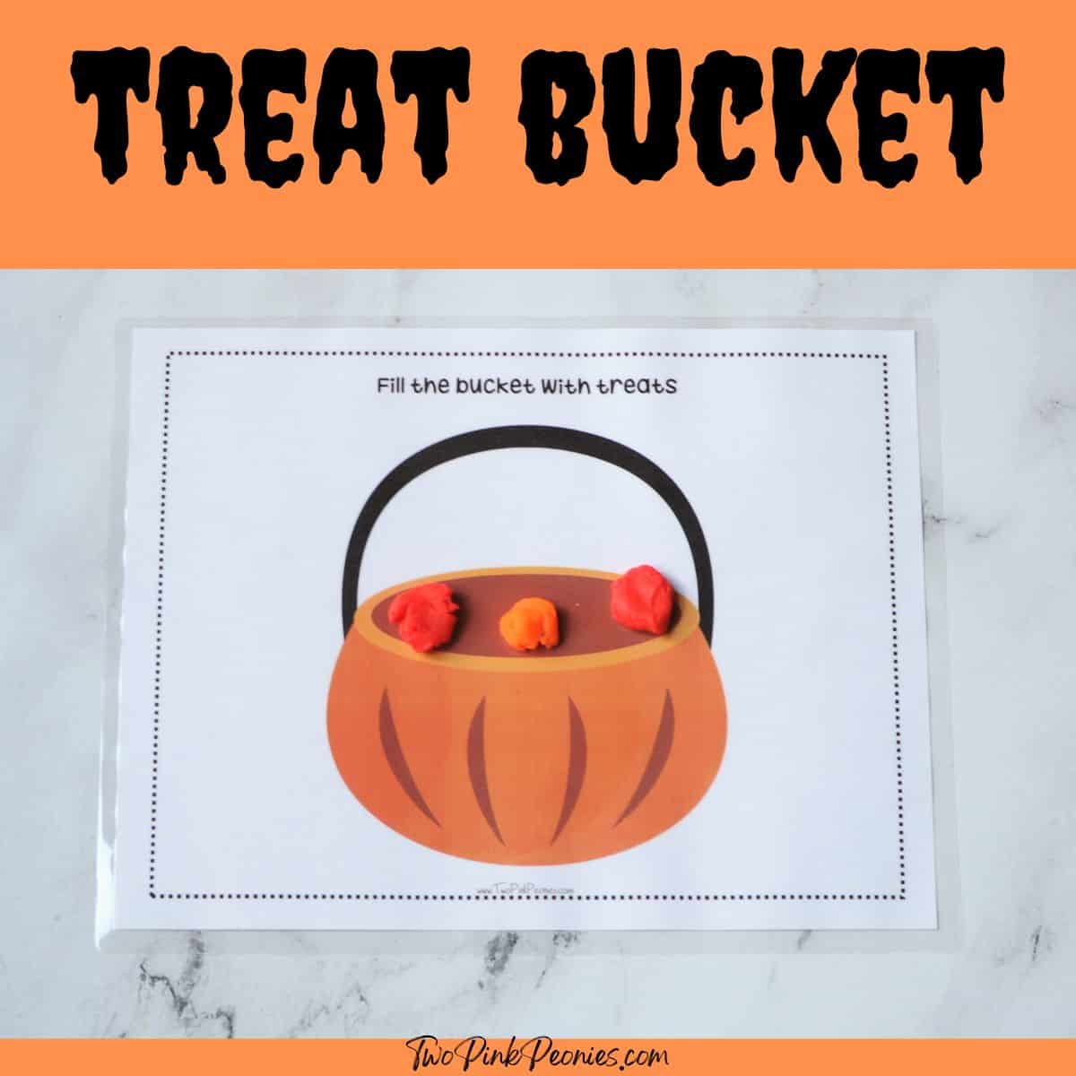 text that says treat bucket below is an image of the treat bucket play dough mat