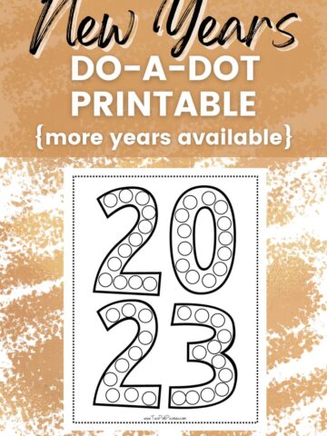 image with text that says new years do-a-dot printable more years available with a mock up of the dot marker page below it
