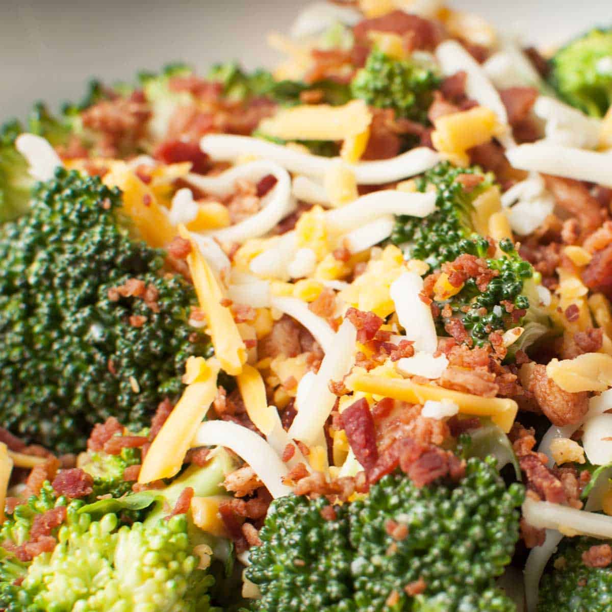 up close view of broccoli salad
