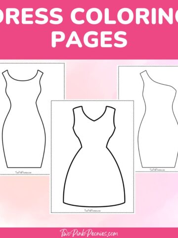 image with text that says dress coloring pages and then mock ups of the dresses below