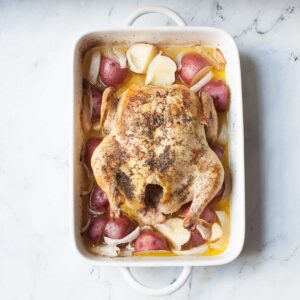 Amish whole chicken in a casserole dish