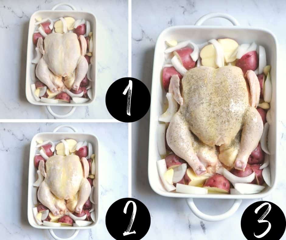step by step guide on how to make an Amish whole chicken. There is a collage labeled, 1, 2 and 3.