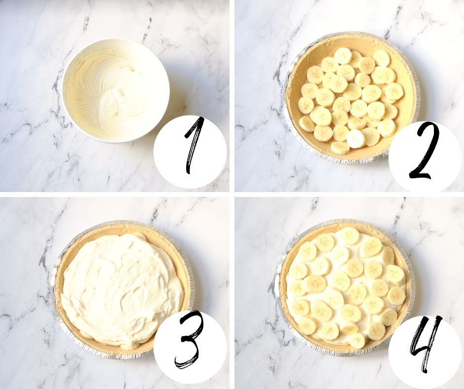A collage with how to steps labeled 1 through 4 to make a banana breeze pie. 