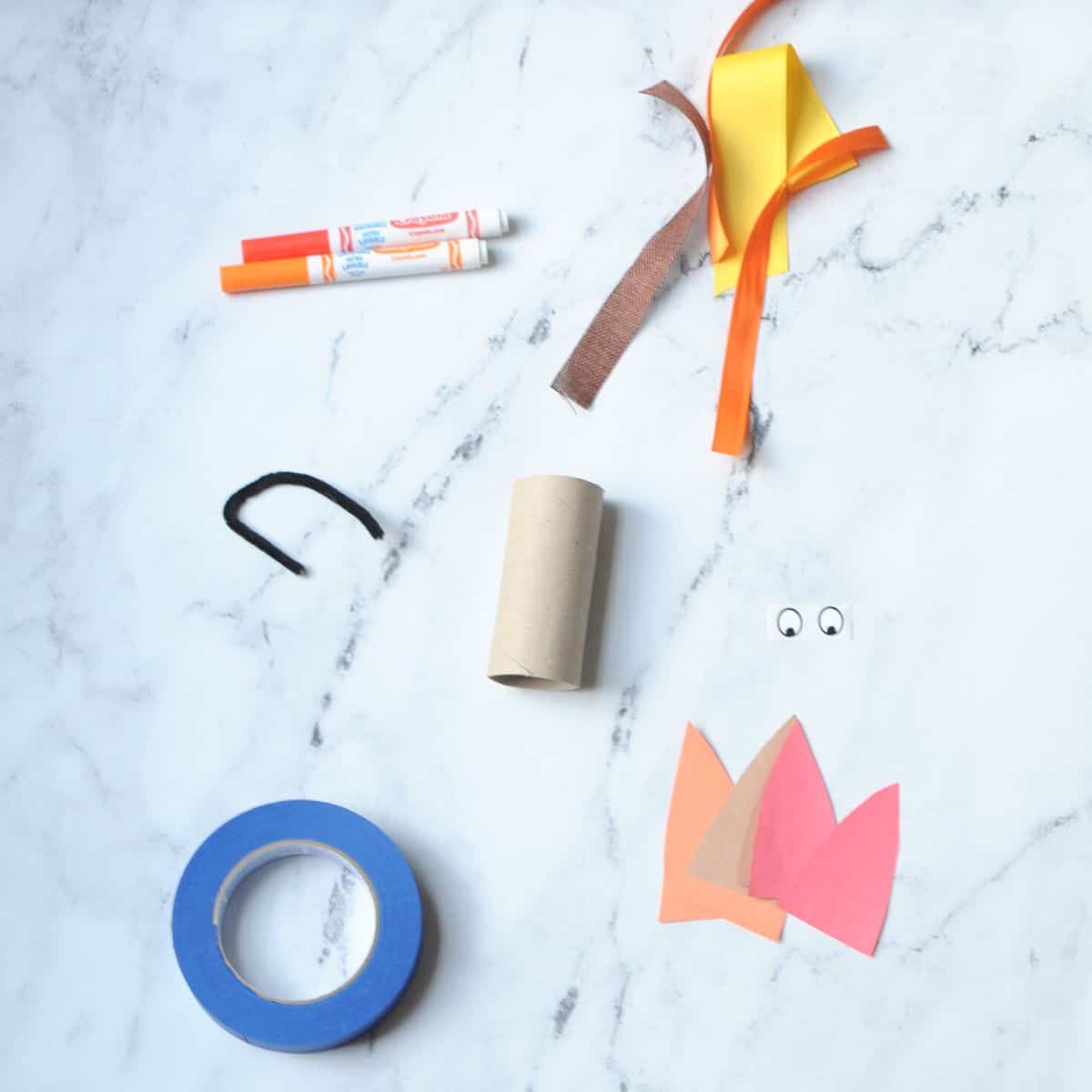 supplies needed to make a toilet paper tube turkey ribbon craft