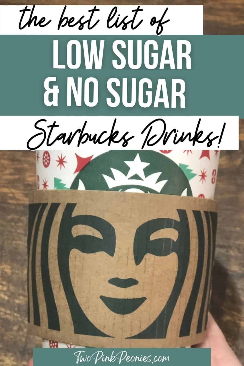 text that says the best list of low sugar and no sugar Starbucks drinks behind the text is an image of a Starbucks cup