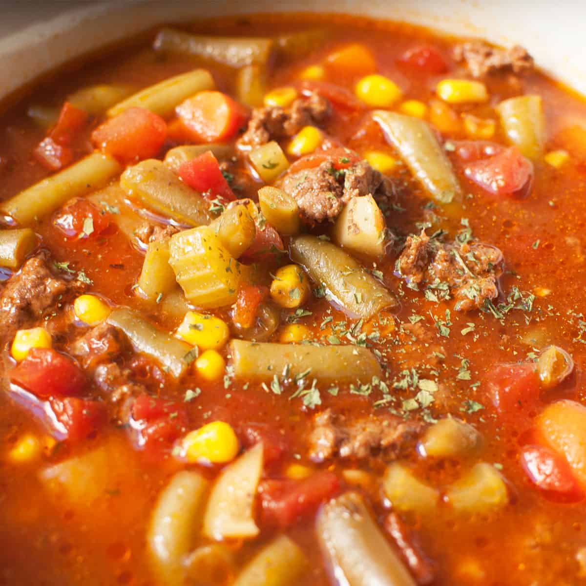 up close view of beef and vegetable soup