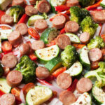 up close view of chicken apple sausage sheet pan dinner