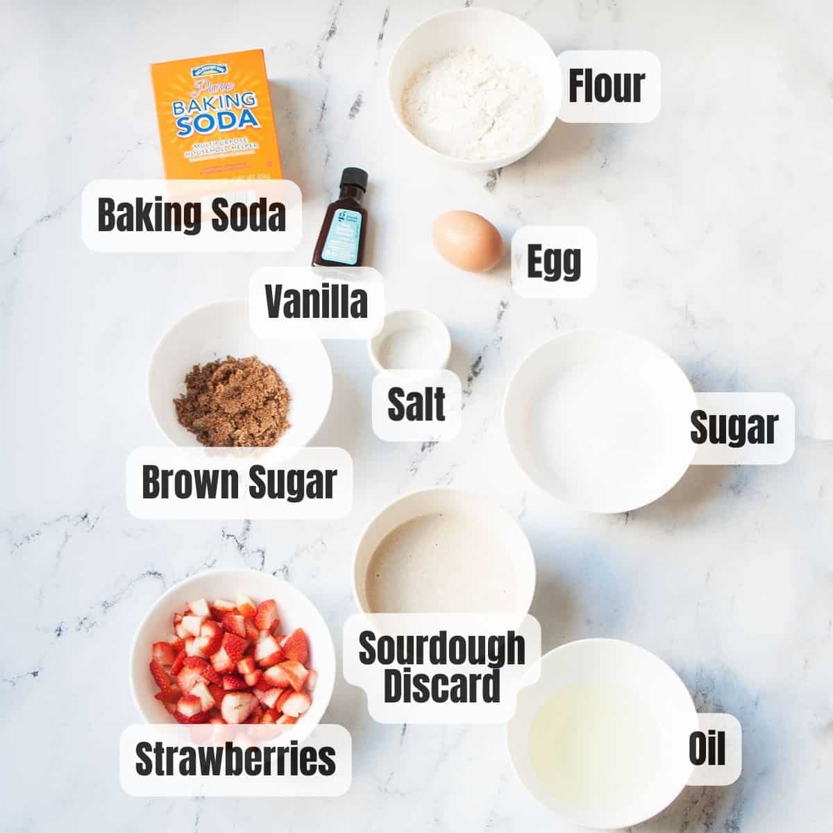 ingredients needed to make Sourdough Strawberry Muffins