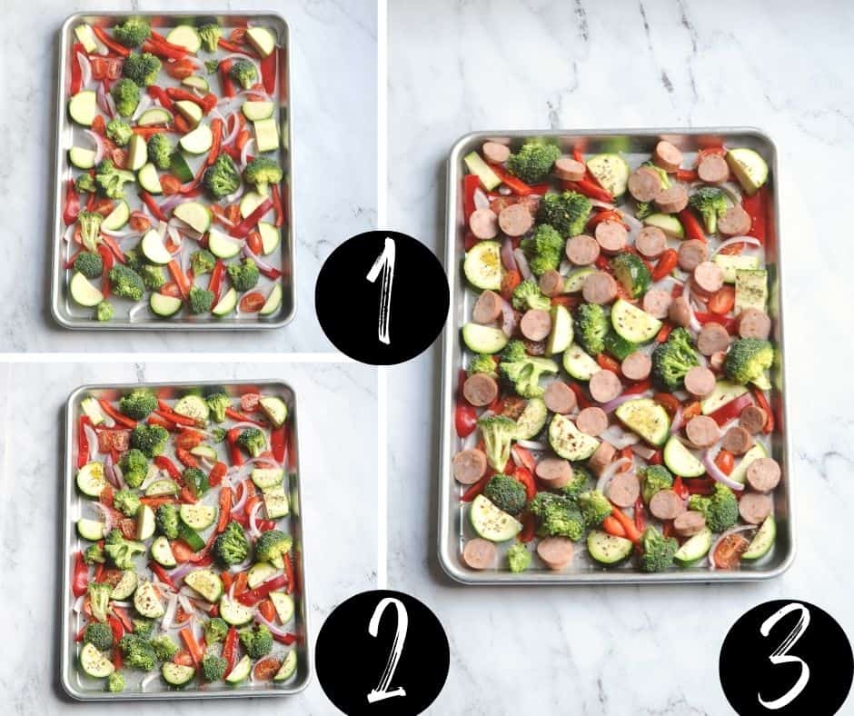 step by step guide on how to make Chicken Apple Sausage Sheet Pan Dinner. There are three steps shown in a collage. 