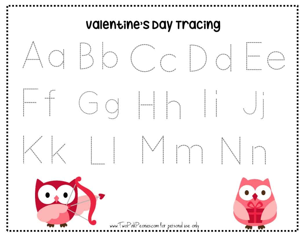 Valentine's Day tracing worksheet mock up of letters A through N.