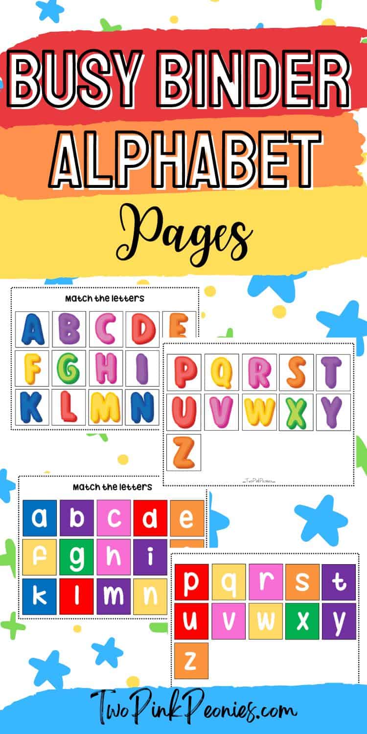 text that says busy binder alphabet pages below are mock ups of the pages