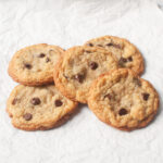 Chocolate chip cookies on a white background.