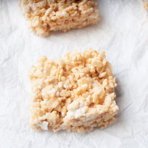 upclose view of a Rice Crispy Treat made with Olive Oil