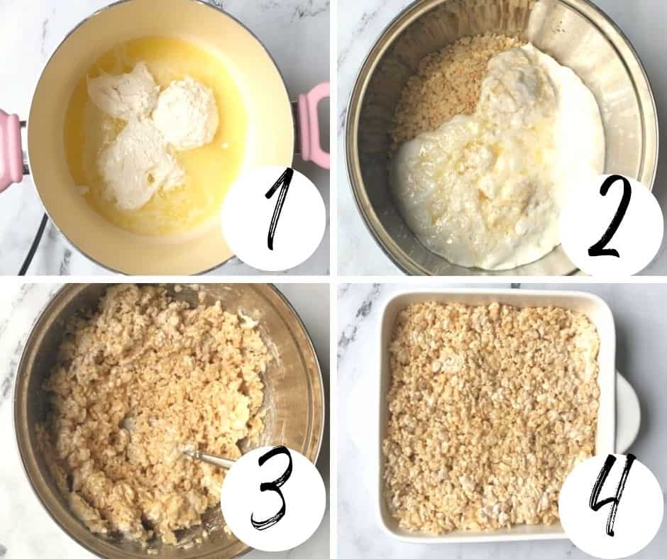 Step by step guide (a collage with 4 steps labeled) on how to make rice crispy treats with marshmallow fluff. 