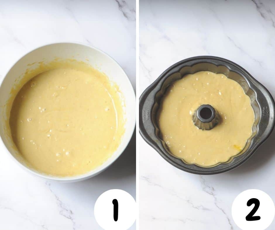 step by step guide on how to make yellow cake mix banana bread. There is a collage of two images. 